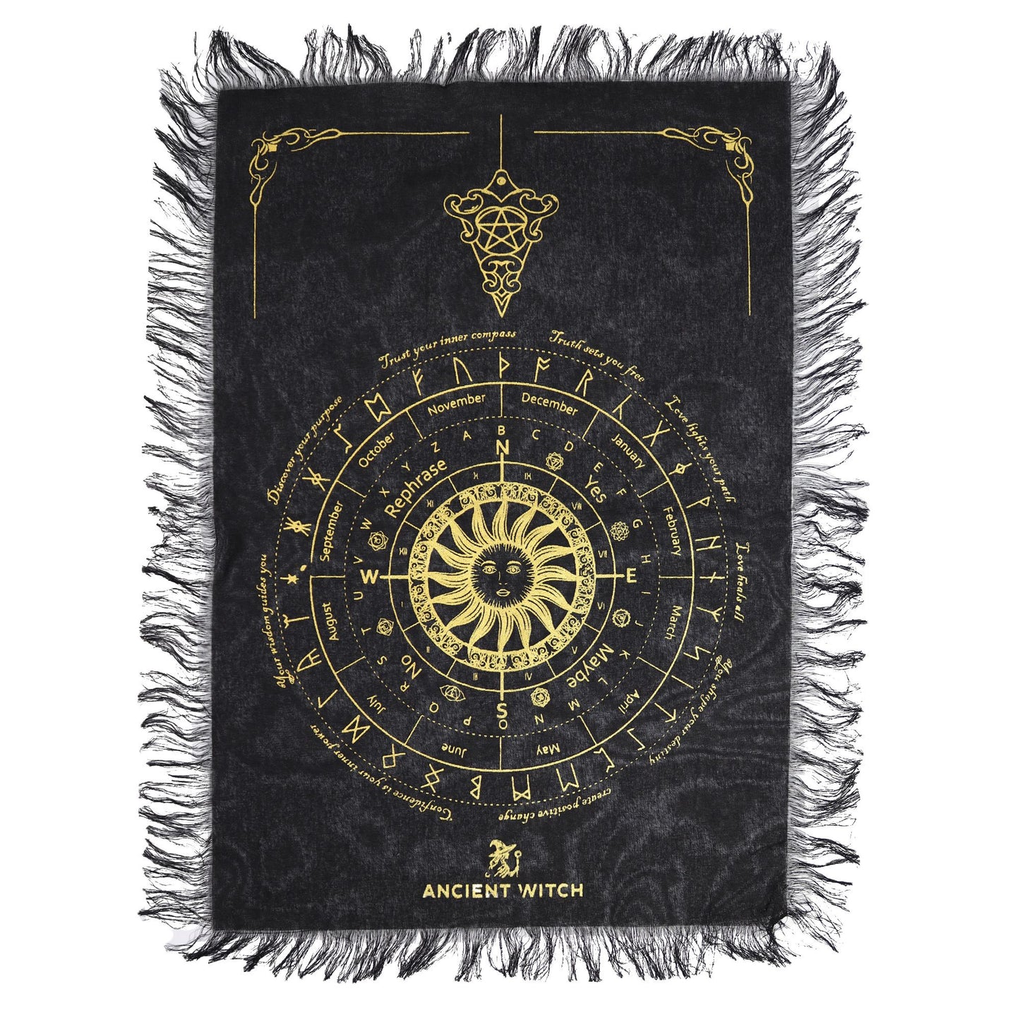 Tela de adivinación con péndulo de bruja antigua - Rostro del Sol - Negro y Oro