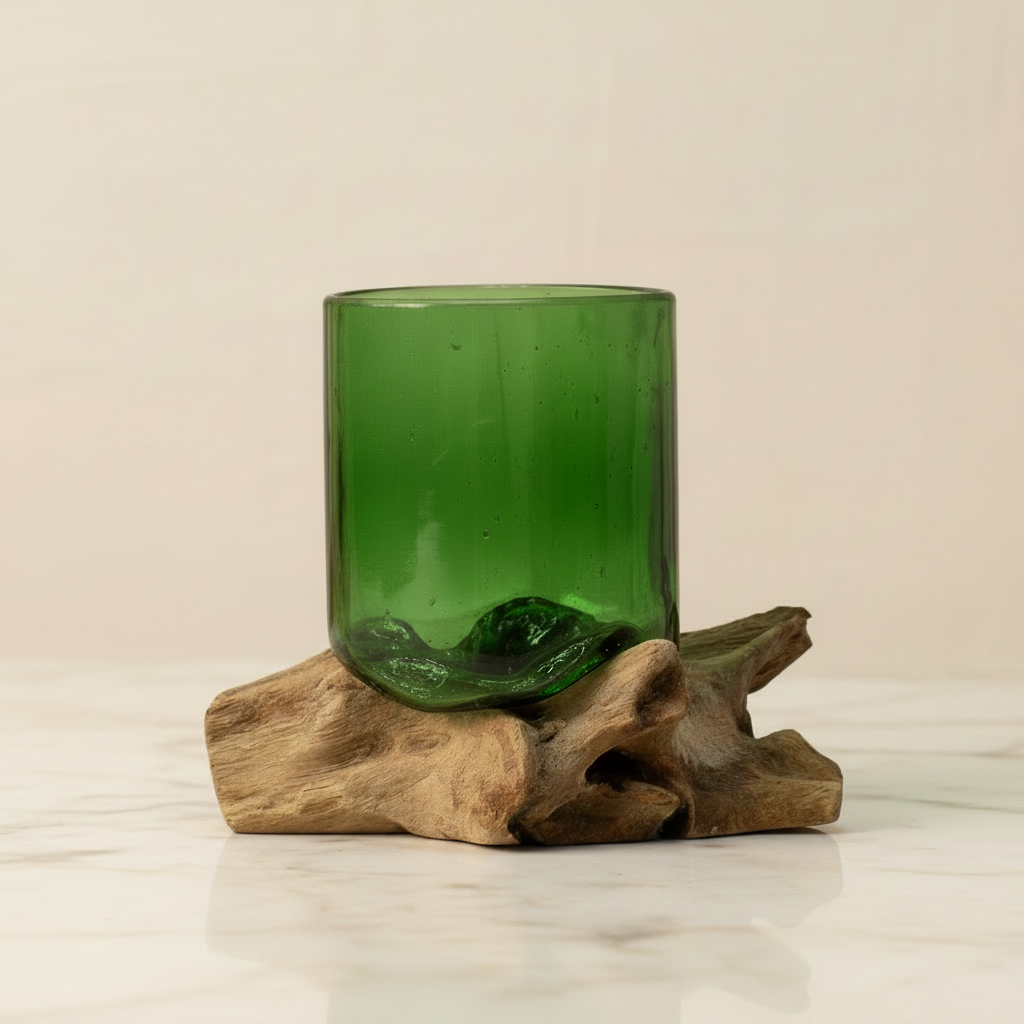 Recycled beer bottles -beer glass on wood