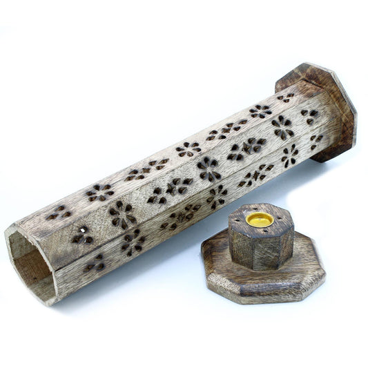 Box of 2 Hexaganal Incense Tower Smoke Box - Mango Wood - Soporte de Incienso