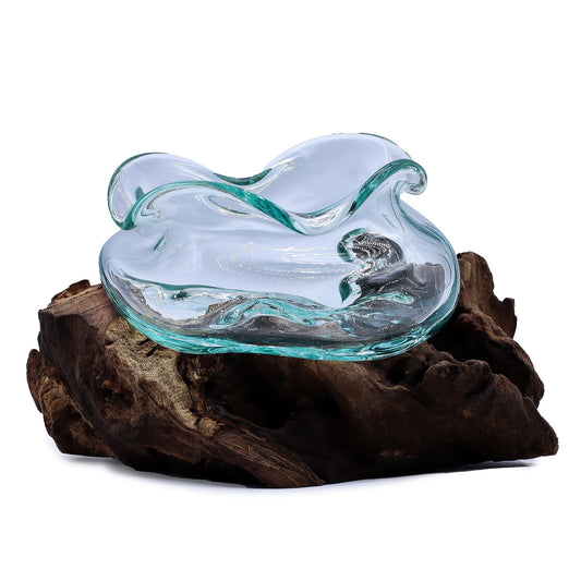 Wavy Fused Glass Bowl on Wood 18 cm