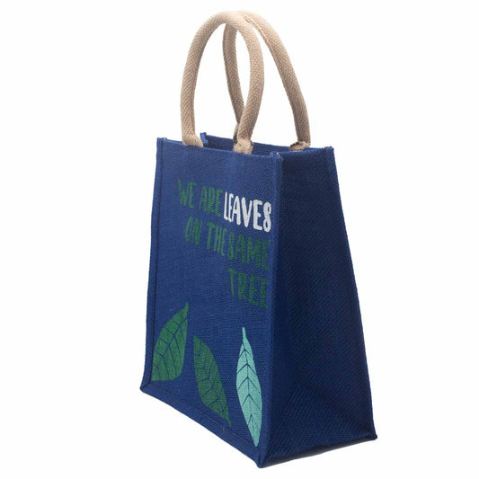 bolsa de yute estampada - Somos hojas - Amarillo, Azul y Natural - bolsa de yute estampada