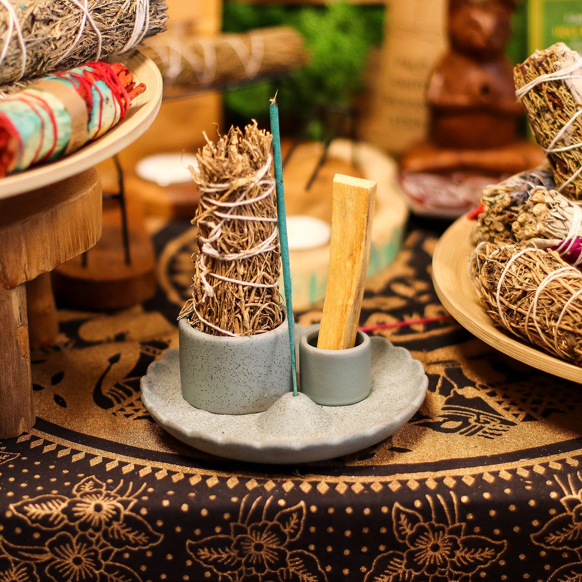 Soporte cerámico para Palo Santo e Incienso - Flor de loto - Azul - Soporte cerámico para Palo Santo e Incienso