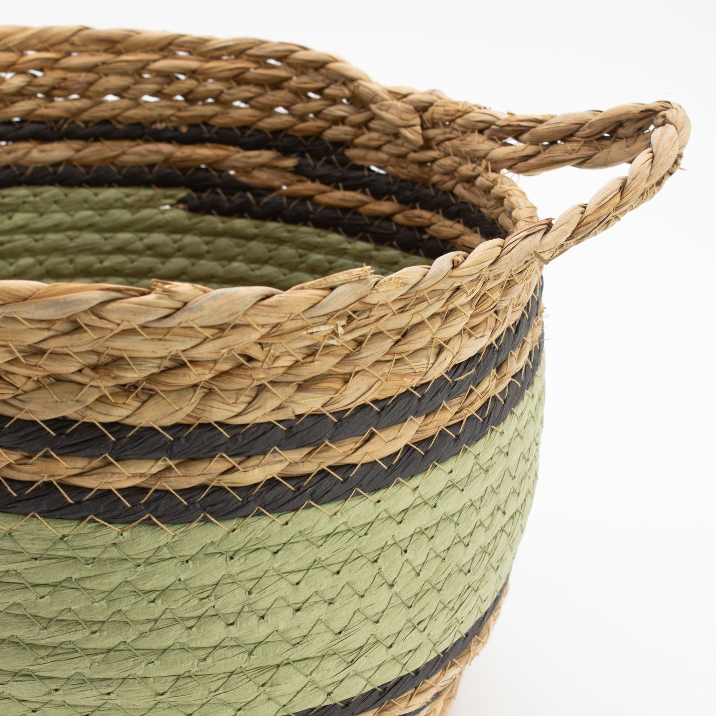 Cestas grandes de algodón y pasto marino - natural, negro y verde - juego de 3