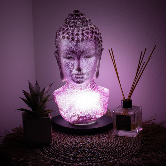 Crackle lavender-finish Buddha bust lamp - oval base