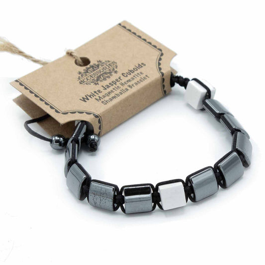 Bracelet Magnétique Shamballa en Hématite - Cubes de Jaspe Blanc