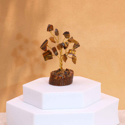 Mini árbol de piedras preciosas sobre base de madera - Ojo de tigre (15 piedras)