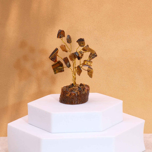 Mini árbol de piedras preciosas sobre base de madera - Ojo de tigre (15 piedras)