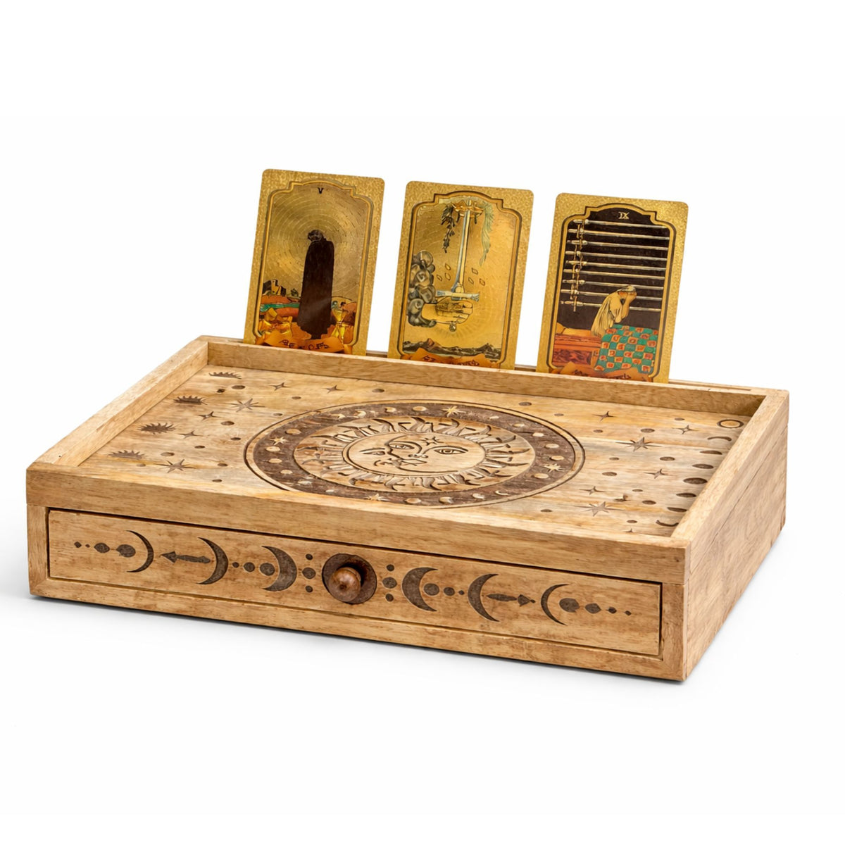 Caja de tarot tallada con Sol y Luna y cajón