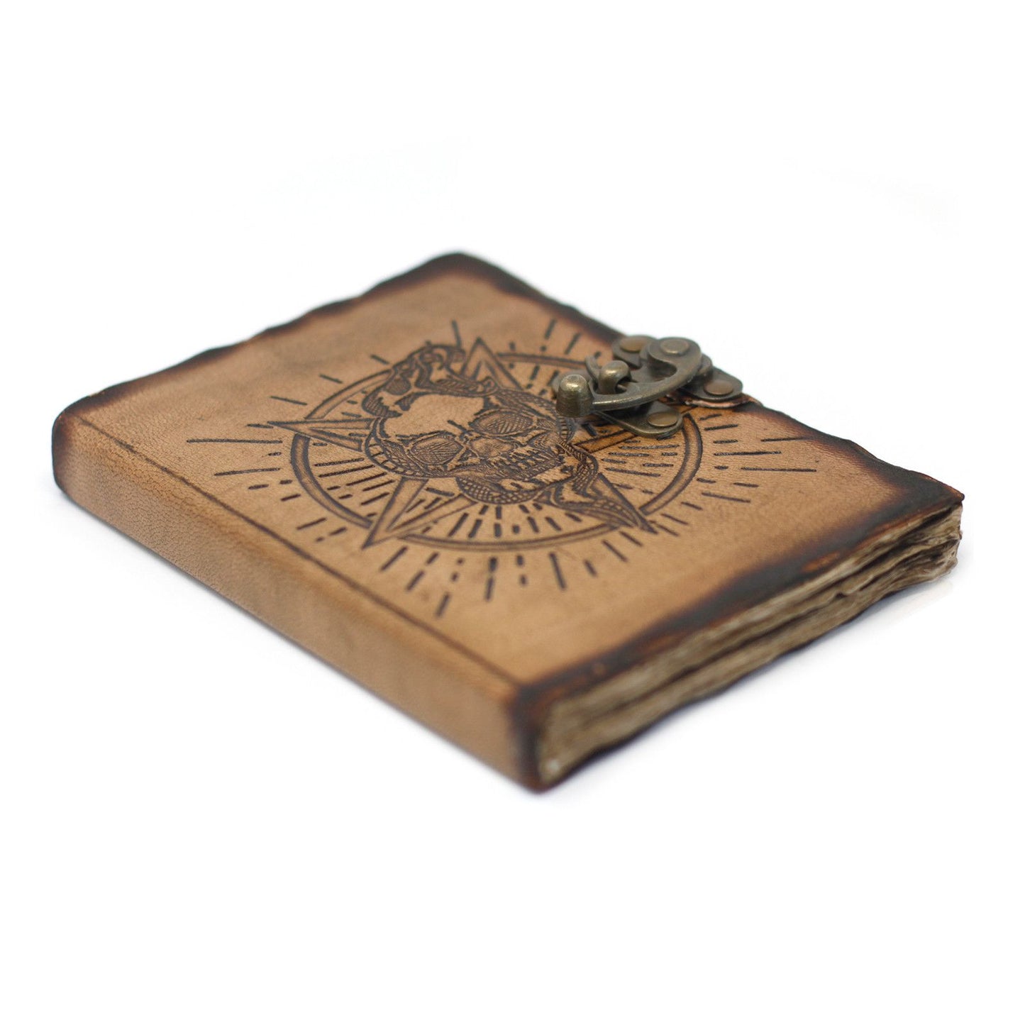 Cuaderno de Cuero Pentáculo y Calavera · Hojas Quemadas