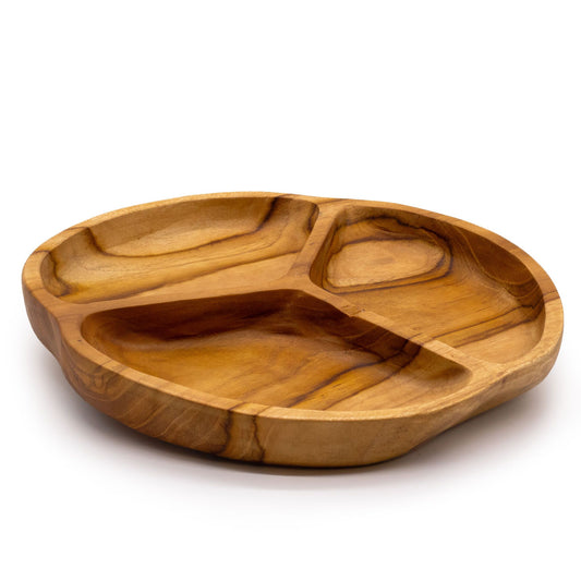 Frutero de madera de teca lisa de tres secciones - 30x4cm