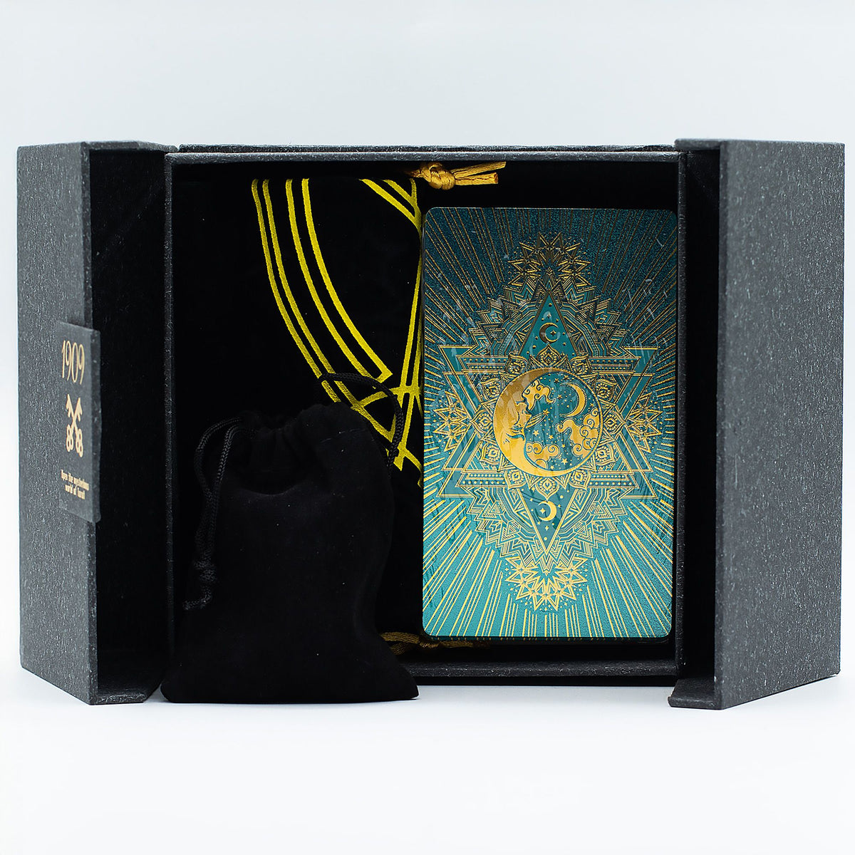 Tarjeta de Tarot con Foil en Oro y Turquesa - Conjunto de Regalo - Cartas del Tarot y paños de lectura