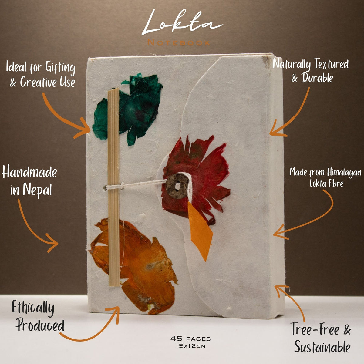 Cuaderno mediano de Lokta con cierre de botón (15x12 cm) - 45 hojas - Diseño floral auténtico del Himalaya elaborado