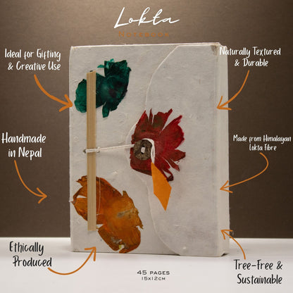 Cuaderno mediano de Lokta con cierre de botón (15x12 cm) - 45 hojas - Diseño floral auténtico del Himalaya elaborado