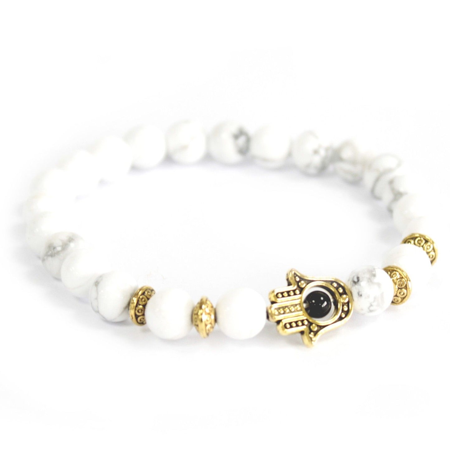 Pulsera Hamsa Dorada con Piedra Blanca Natural - Artesanal