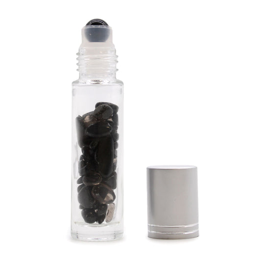 Botella de rodillo de aceite esencial de piedras preciosas - Turmalina negra - Tapa plateada - Botellas Roll-on con gemas 10m