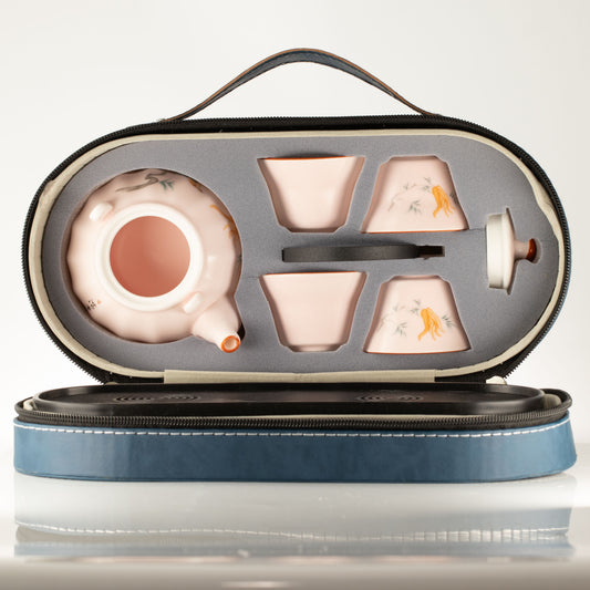 Juego de tetera de viaje y cuatro tazas - Estilo rosa vintage de calabaza - Juego de tetera de hierbas | El Bazar de Tizar