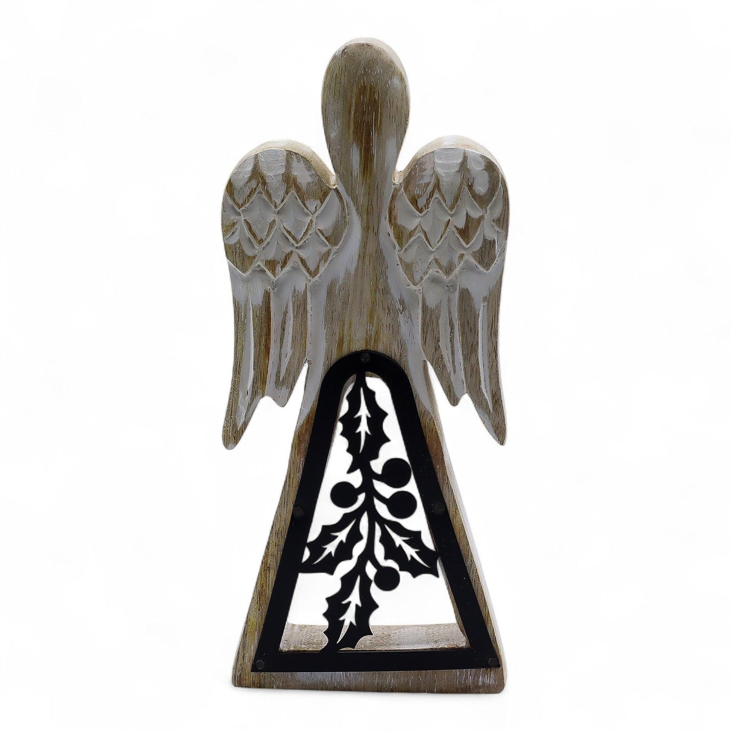 Ángel de madera de mango - acabado lavado blanco con recorte decorativo de hierro