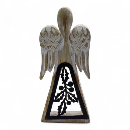 Ángel de madera de mango - acabado lavado blanco con recorte decorativo de hierro