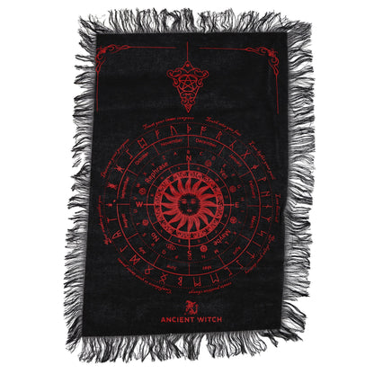 Tela de Adivinación con Péndulo de Bruja Antigua - Rostro del Sol - Negro y Rojo Sangriento