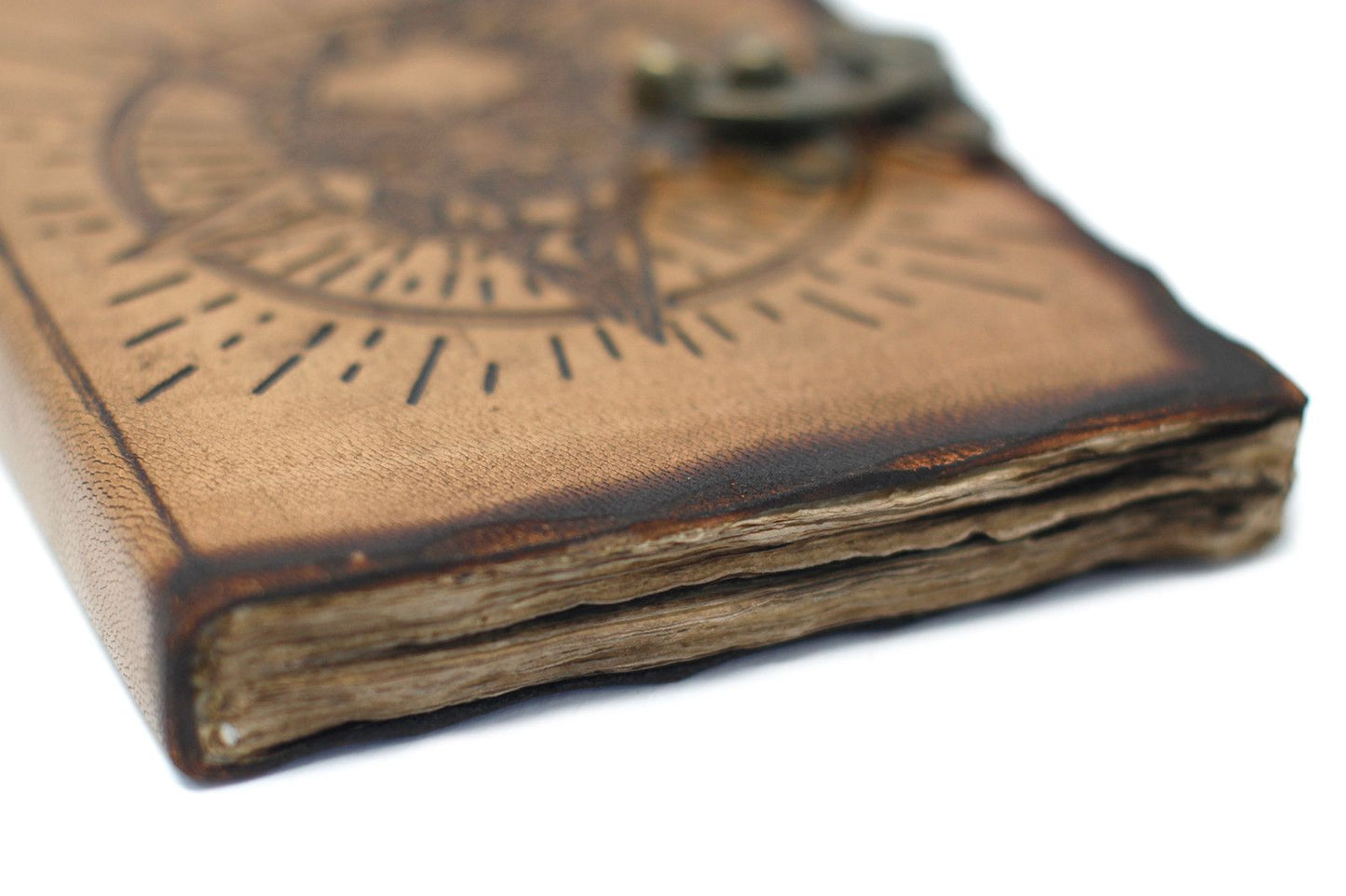 Cuaderno de Cuero Pentáculo y Calavera · Hojas Quemadas