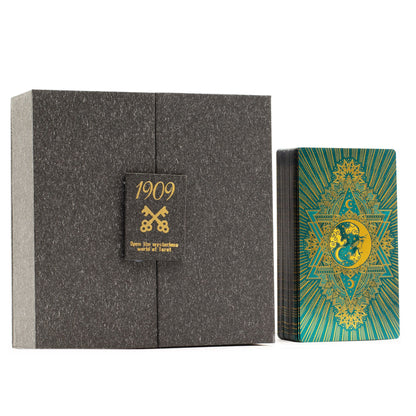 Tarjeta de Tarot con Foil en Oro y Turquesa - Conjunto de Regalo - Cartas del Tarot y paños de lectura
