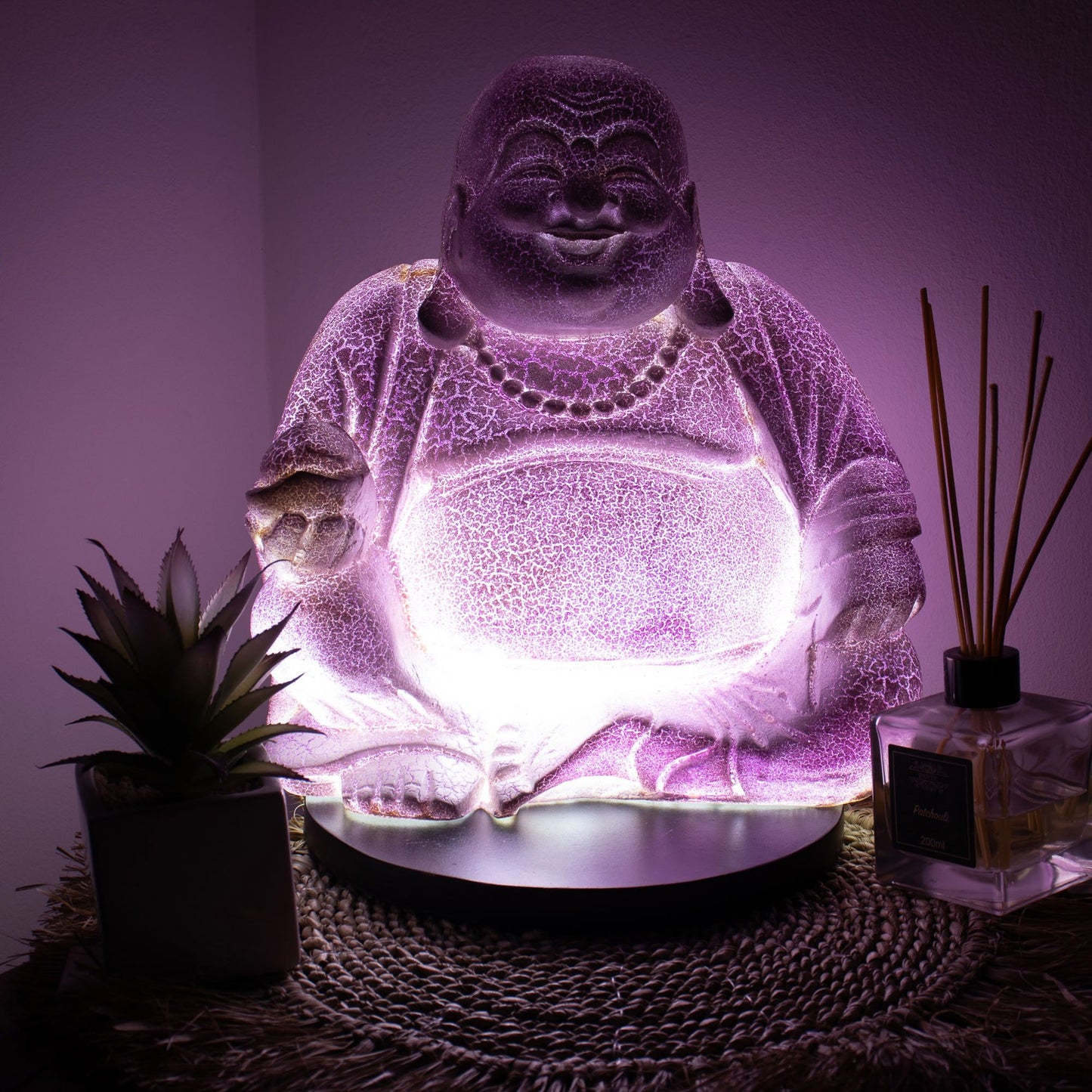Lámpara del Buda risueño - Lavanda craquelada - Soporte redondo