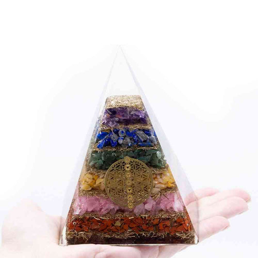 Pirámide de Orgonita Lrg 70mm - Gemas Chakra - Flor de la Vida de los Siete Chakras- 70 mm