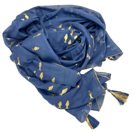Colección Nómada Sari Mediterráneo - Pareo - Diseño de Peces en Azul Marino y Oro | Colección Mediterránea Nomad Sari | El Ba