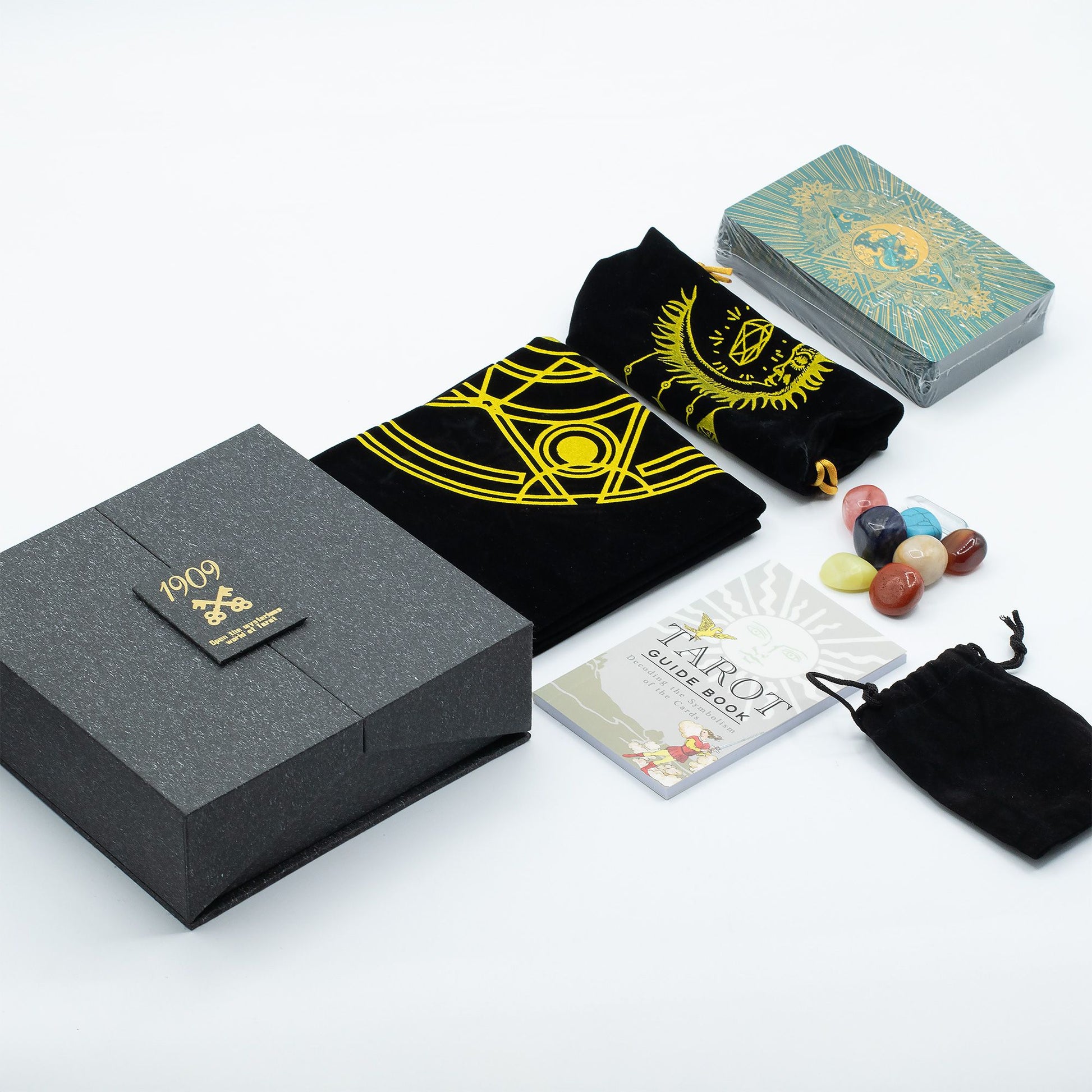 Tarjeta de Tarot con Foil en Oro y Turquesa - Conjunto de Regalo - Cartas del Tarot y paños de lectura
