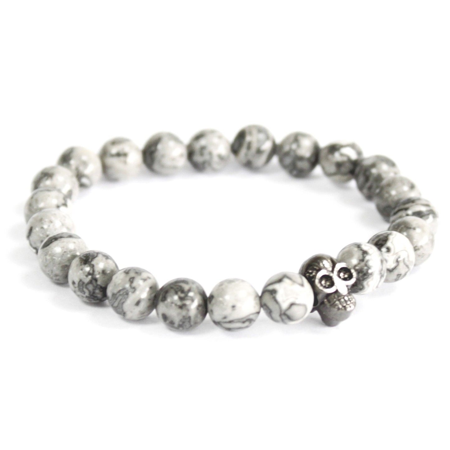 Pulsera de Ágata Gris con Calavera de Peltre - Unisex Artesanal