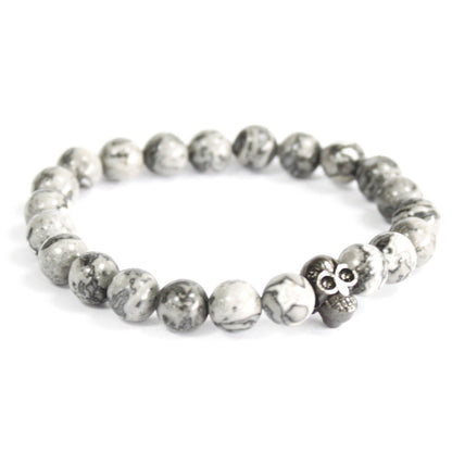 Pulsera de Ágata Gris con Calavera de Peltre - Unisex Artesanal
