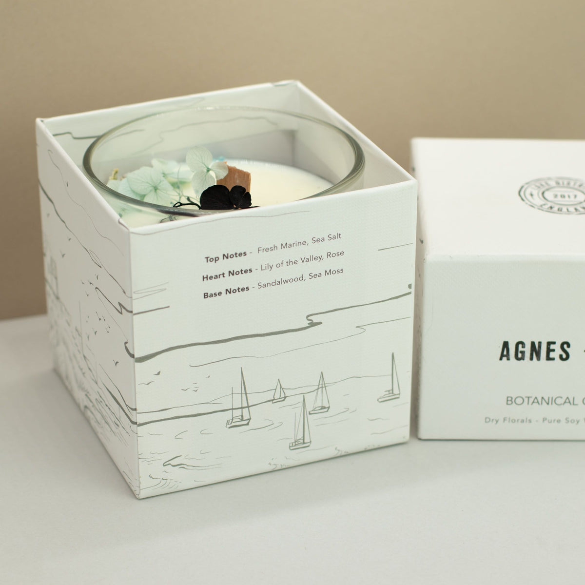 Agnes + Cat Vela de Cera de Soja Botánica - Sal marina y musgo - Agnes + Cat Velas botánicas de cera de soja, Cruelty Free