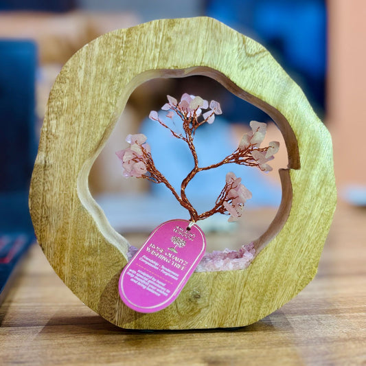 Jardín de Árbol de Gemas de Cuarzo Rosa en Anillo de Madera de Mango - 60 Piedras