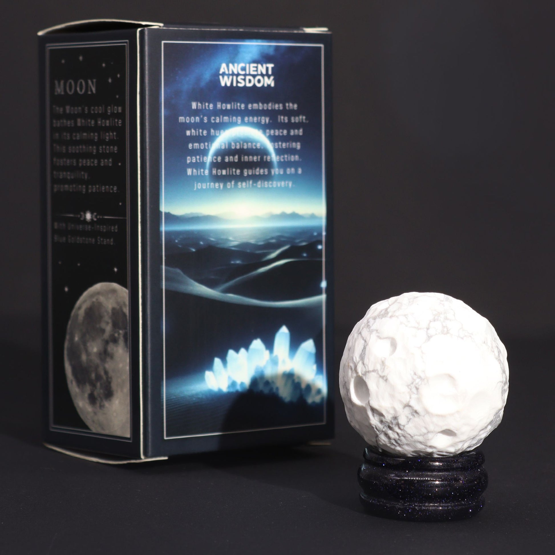 1x Planeta Howlite Blanco con Soporte Solar (LUA) - 40mm - Planetas de piedras preciosas con apoyo solar