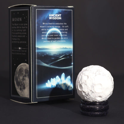 1x Planeta Howlite Blanco con Soporte Solar (LUA) - 40mm - Planetas de piedras preciosas con apoyo solar