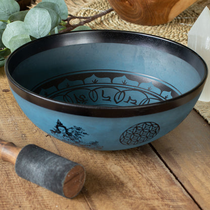 Gran cuenco tibetano de aluminio - diseño tibetano de doble Dorjy - azul (27 cm)