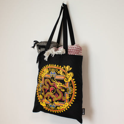 Bolso tote icónico y clásico - Dragón Yin y Yang - Negro 6 oz