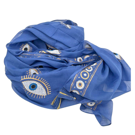 Colección Nómada Sari Mediterráneo - Pareo - Diseño del Ojo Maligno en Azul Rico y Dorado | Colección Mediterránea Nomad Sari