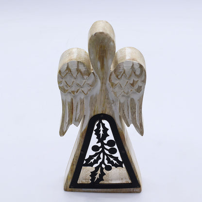 Ángel de madera de mango - acabado lavado blanco con recorte decorativo de hierro