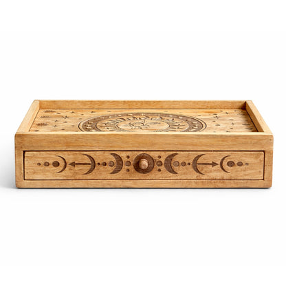 Caja de tarot tallada con Sol y Luna y cajón
