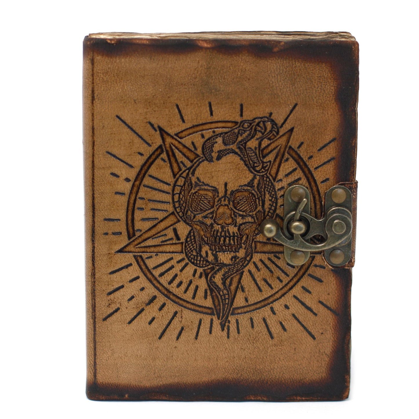Cuaderno de Cuero Pentáculo y Calavera · Hojas Quemadas