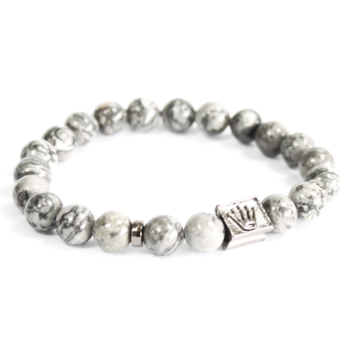 Pulsera de Ágata Gris con Corona y Lingotes - Unisex Artesanal