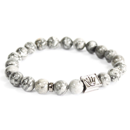 Pulsera de Ágata Gris con Corona y Lingotes - Unisex Artesanal