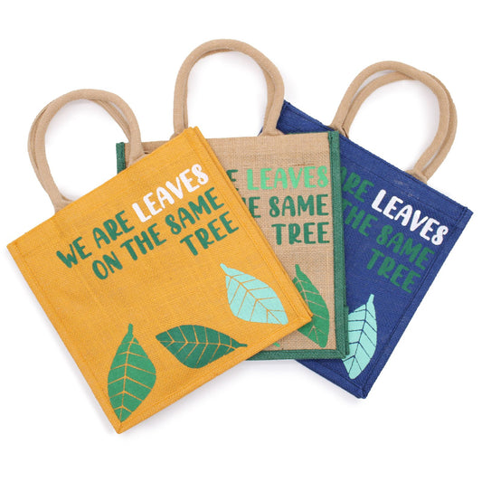 bolsa de yute estampada - Somos hojas - Amarillo, Azul y Natural - bolsa de yute estampada