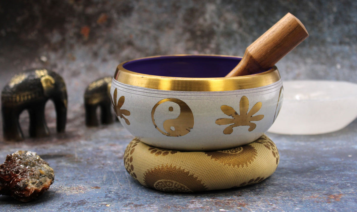 Juego de Cuencos Tibetano Lrg - Yin & Yang - Blanco/Morado 14cm