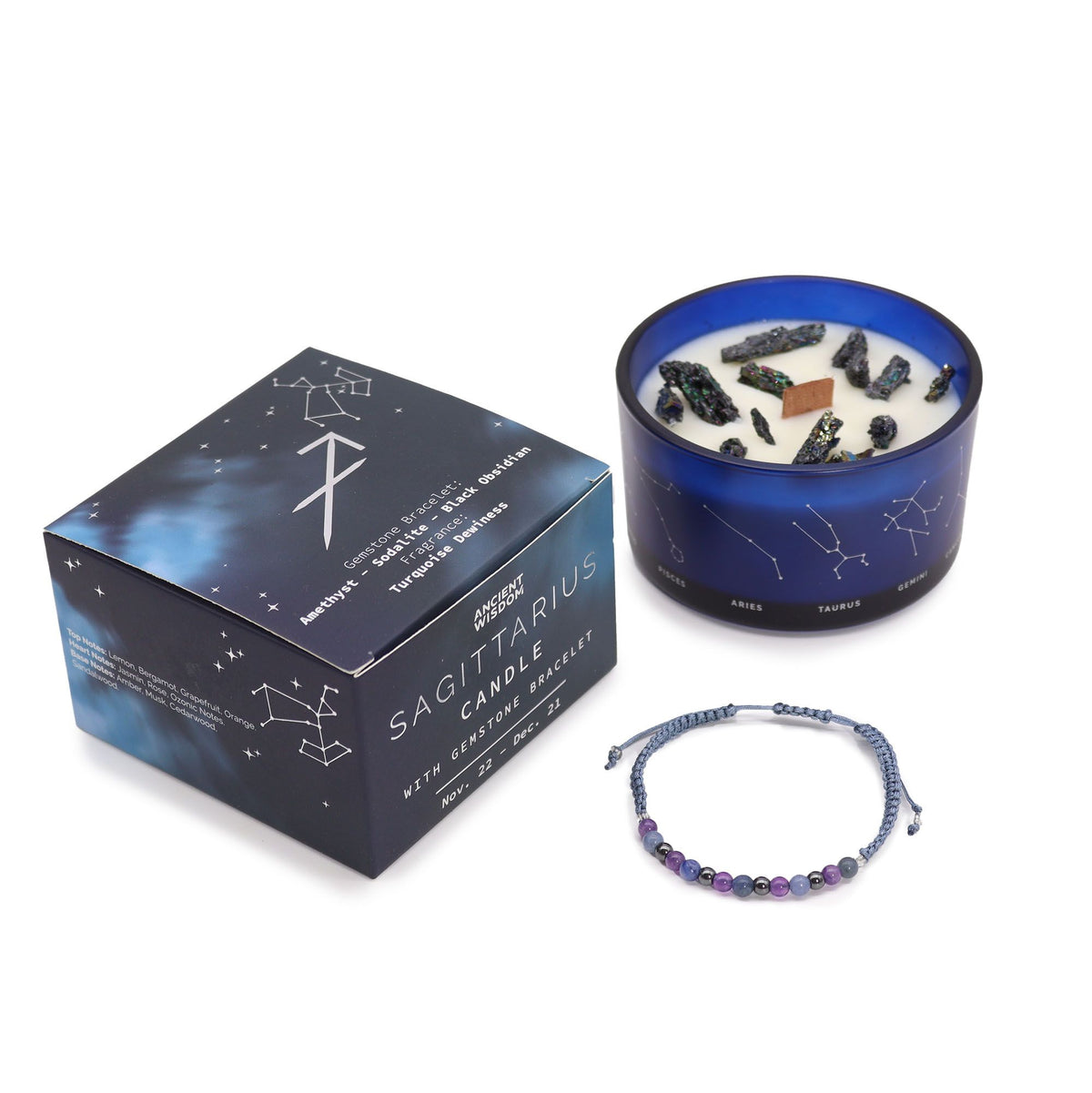 Vela de Cristal del Zodiaco con Pulsera de Piedras Preciosas - Sagitario - Velas de cristal del zodiaco con brazalete de pied
