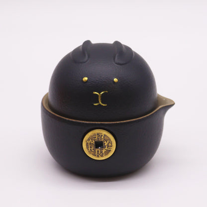 Juego de Tetera Gato de la Suerte - Dos Tazas - Pack de Viaje - Negro