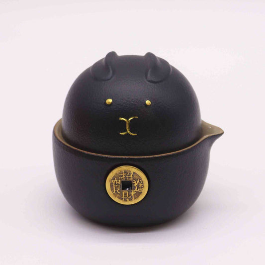 Juego de Tetera Gato de la Suerte - Dos Tazas - Pack de Viaje - Negro