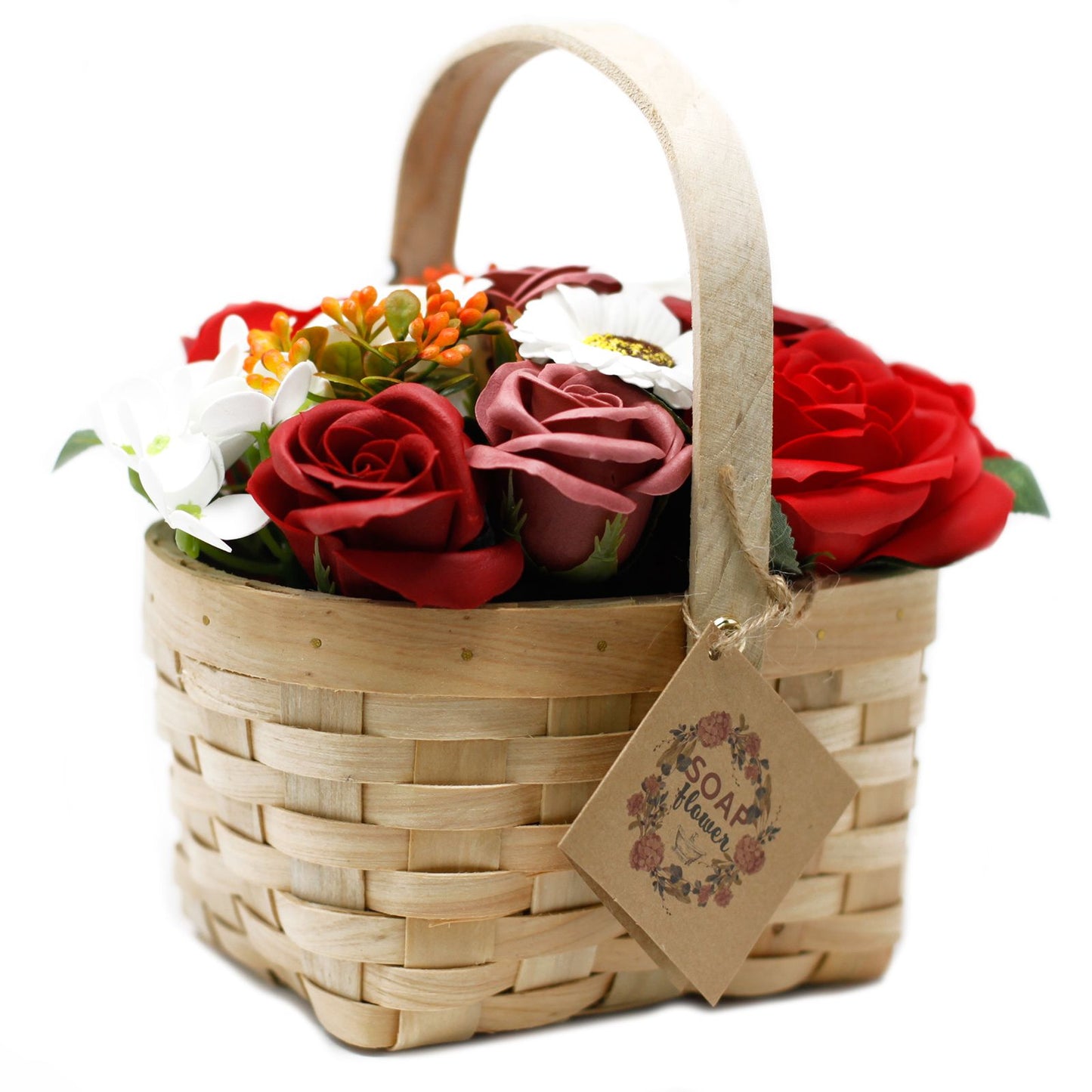 Ramo de Flores de Jabón en Cesta de Mimbre Grande · Rojo