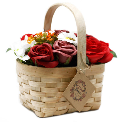 Ramo de Flores de Jabón en Cesta de Mimbre Grande · Rojo